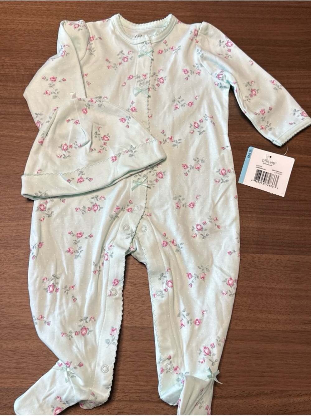 Little Me Mint and Pink Floral Footed Pajama Set with Hat